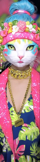 Free colorful bookmark with a cat-themed couture fashion illustration